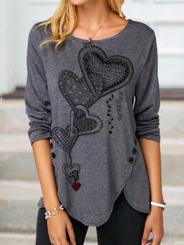 

Casual Heart Print Button Long Sleeve T-shirt