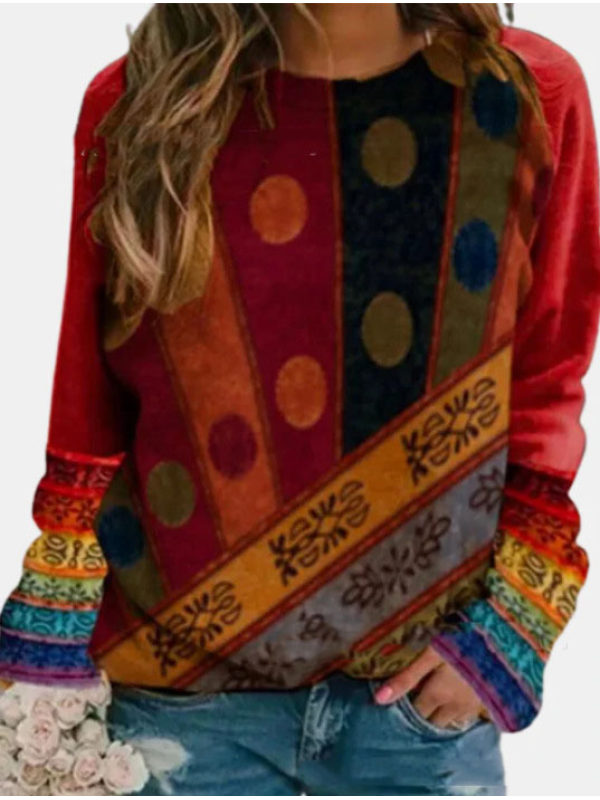 

Urban Casual Loose Ethnic Print Long-sleeved T-shirt