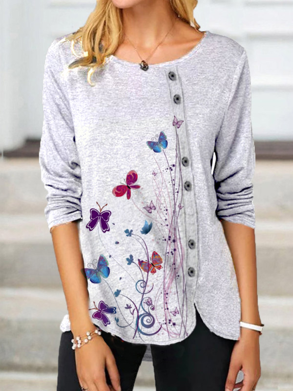 

Butterfly Print Button Long Sleeve T-shirt