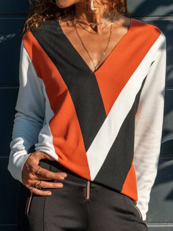 

Colorblock Print Long Sleeve V-neck T-shirt