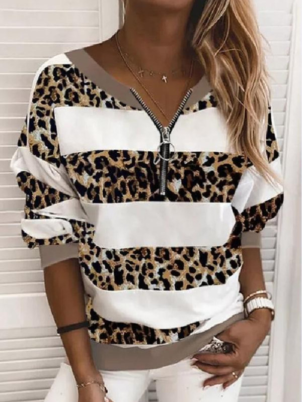 

Casual Leopard Stitching Striped Sweater