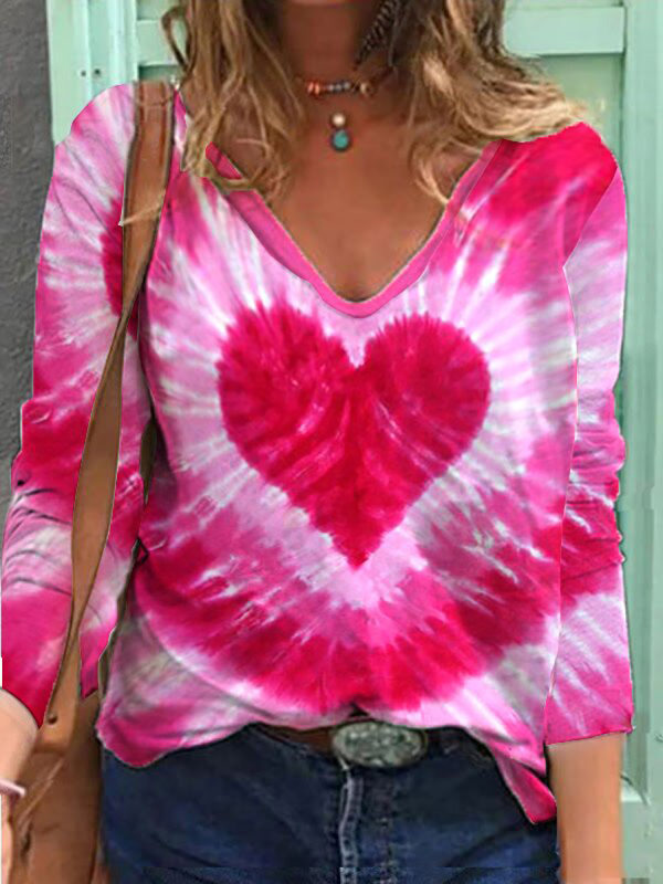 

Women's love V-neck loose long-sleeved T-shirt