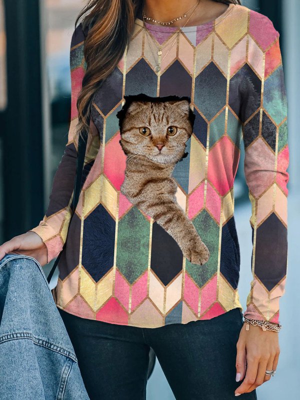 

Women's color block cat print casual top