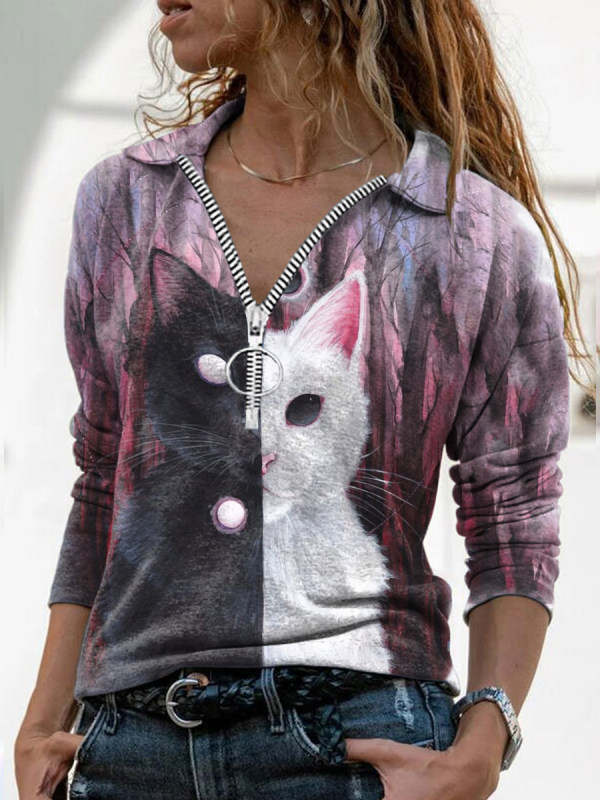 

Ladies cat print zipper top