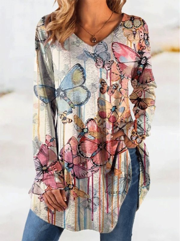 

Butterfly Print V-Neck Long-Sleeved T-Shirt