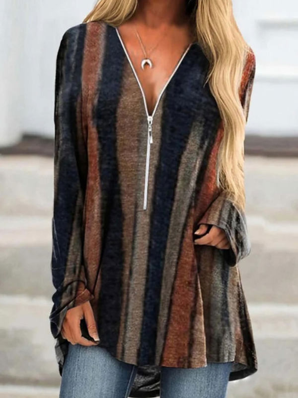 

V-neck Zipper Colorblock Print Loose Long Sleeve T-shirt