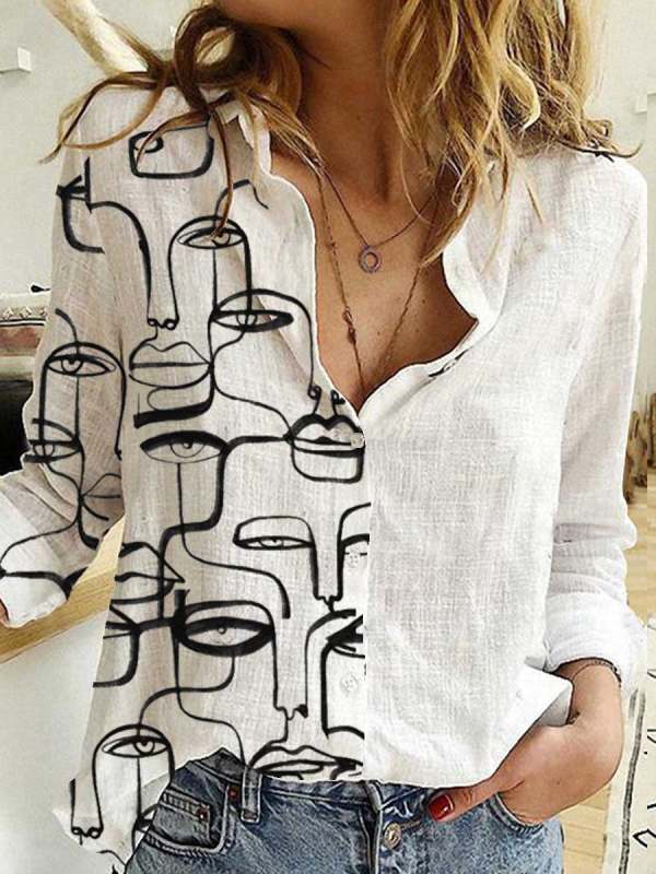 

Cotton And Linen Printed Loose Casual Long-sleeved Blouse