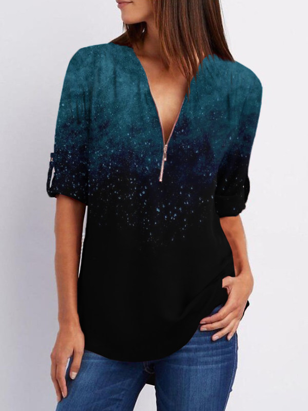 

V-Neck Zips Print Roll-Up Sleeve Long Sleeve Blouse