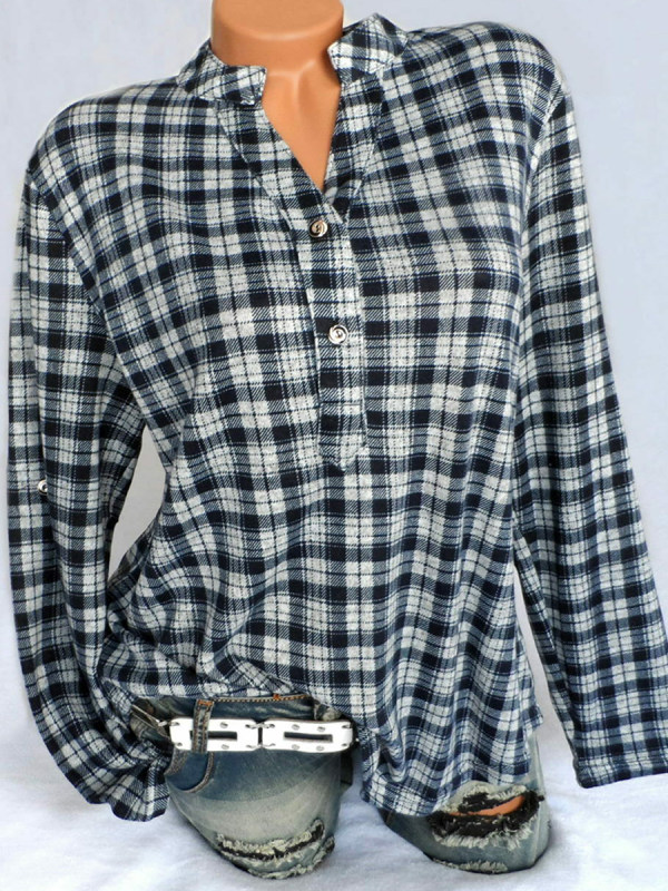 

Band Collar Loose Fitting Plaid Blouse