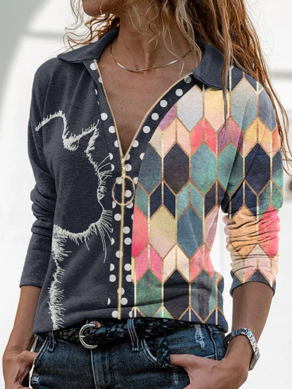 

Fashion casual lapel cat print stitching long sleeve T-shirt