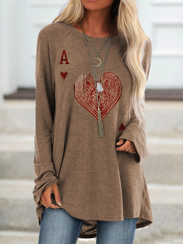 

Love poker card print hit color long-sleeved T-shirt