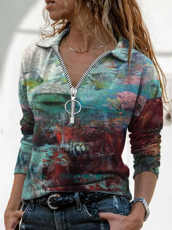 

Fashion lapel hand-painted print casual T-shirt