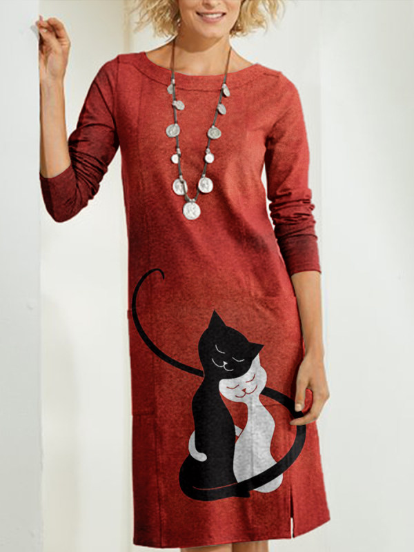 

Fashion all-match round neck cartoon cat print long sleeve dress