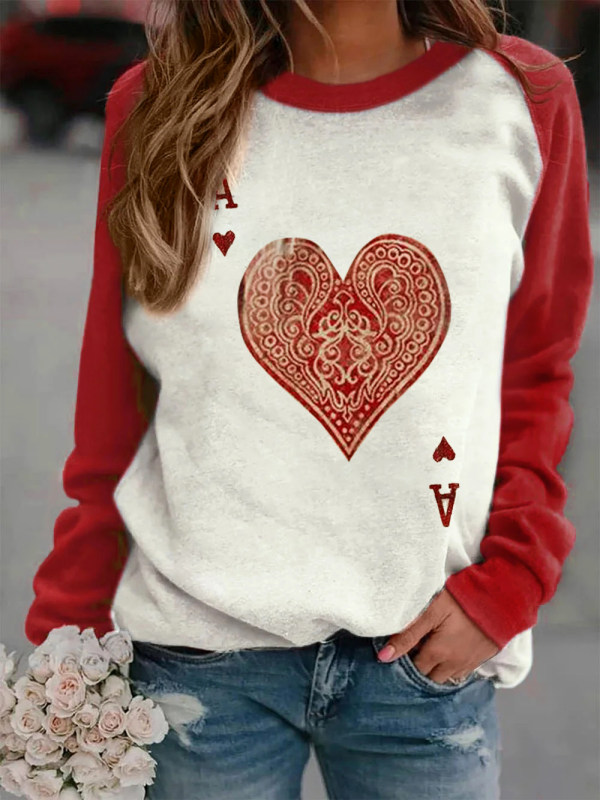 

Love poker card printing hit color long-sleeved T-shirt