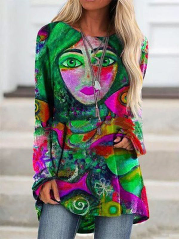 

New Womens Casual Loose Print Long Sleeve T-shirt