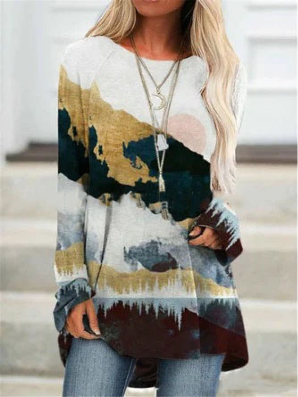 

New Womens Loose Printed Long-sleeved Round Neck T-shirt