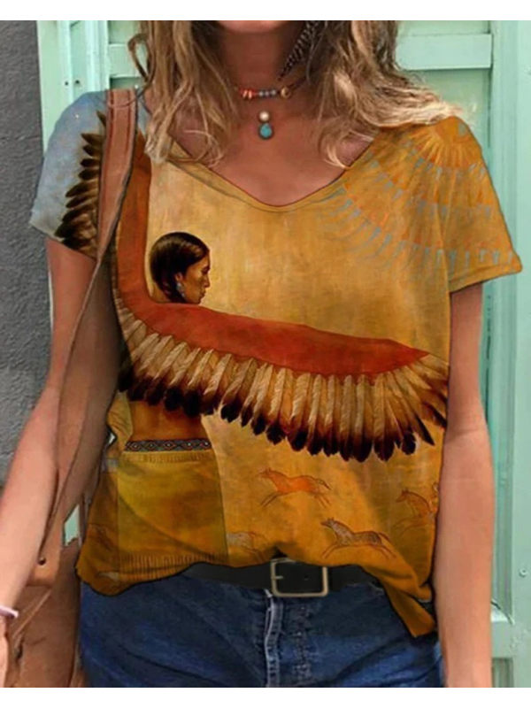 

Womens retro oil painting print short sleeve womens T-shi