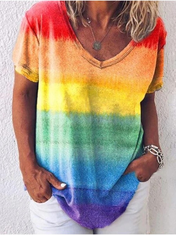 

Womans Rainbow Stripe Print T-shirt