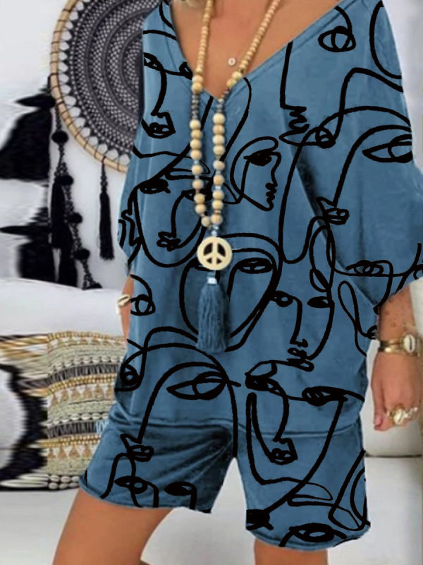 

Ladies All-piece Printed V-neck Loose Casual Two-piece Suit