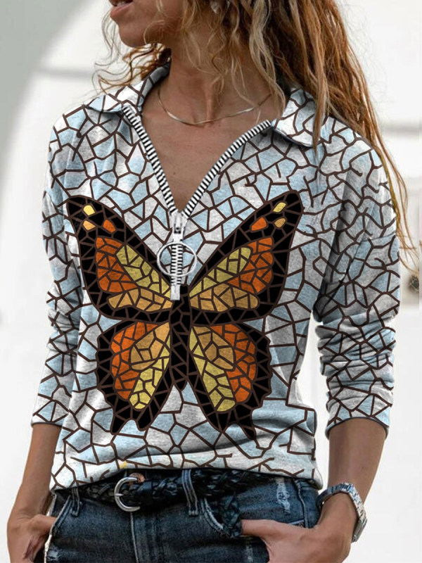 

Ladies butterfly print zip top