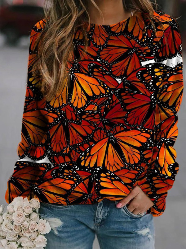 

Casual loose butterfly print sweatshirt