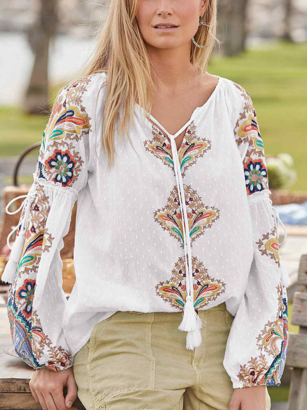 

New Ladies Bohemian Print V-neck Cotton And Linen Shirt