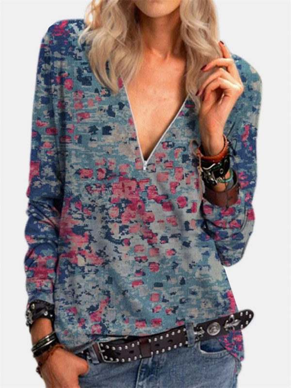 

Casual zipper long sleeve V-neck loose shirt