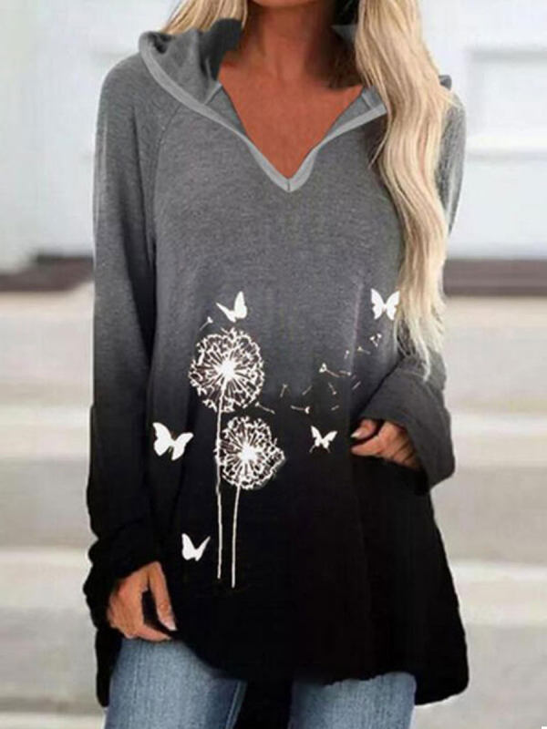 

Hooded Collar Dandelion Print Gradient Loose Long Sleeve T-shirt