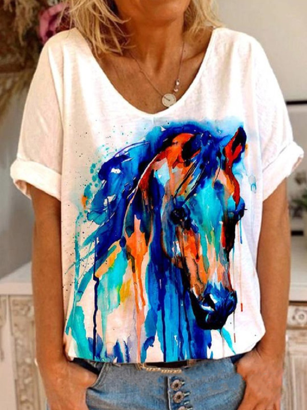 

Casual Horse Head Print V-neck T-shirt