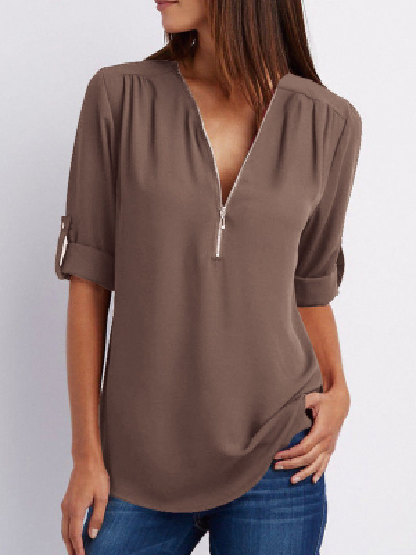 

Fashion - V neck zipper plover size women's long sleeve sleeveless chiffon shirt