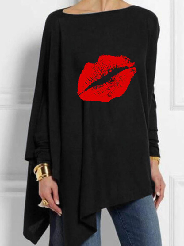 

Round Neck Print Loose Fitting Long Sleeve T-Shirt