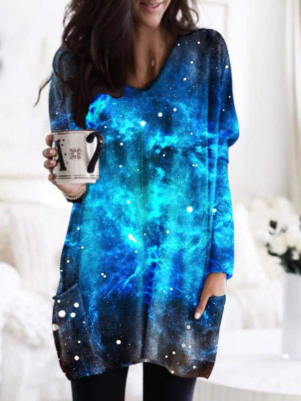 

V-neck gradient starry sky print pocket style casual top
