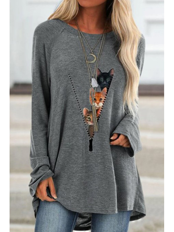 

Casual cat print long sleeve T-shirt