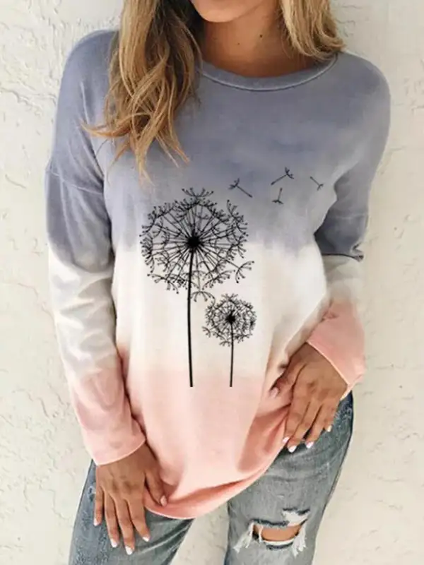 Tie-dye gradient dandelion print top - Miuwell.com 