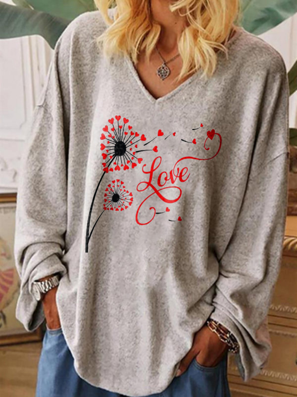 

V-neck dandelion print long-sleeved casual T-shirt