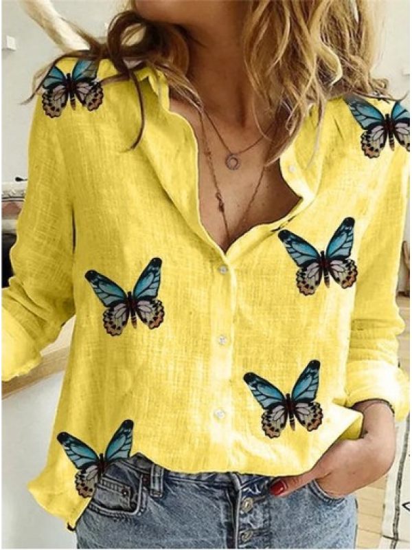 

Cotton Linen Butterfly Print Casual Long-sleeved Blouse