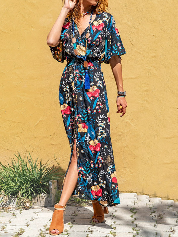 

Black Floral Tassel-Waist Maxi Dress