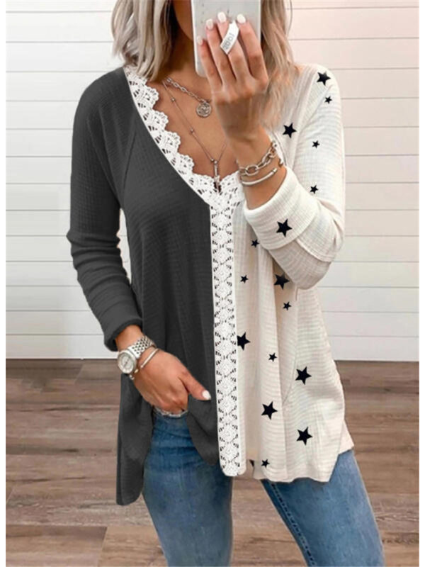 

Women's long-sleeved V-neck star print color block casual top