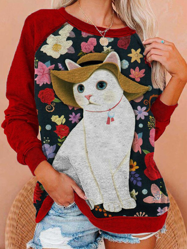 

Ladies floral and cat print pullover