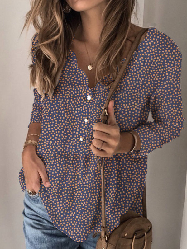 

Polka Dot Print Lace Long Sleeves V Neck Blouse