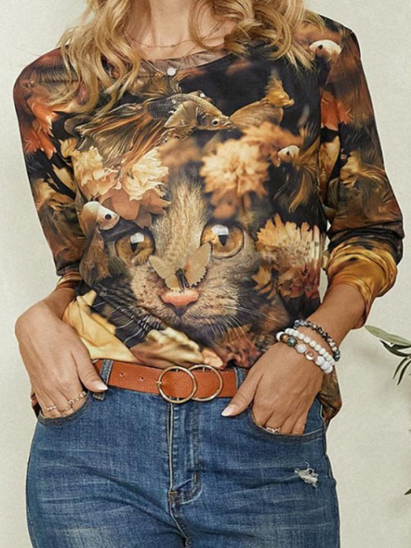 

Casual Cat Print Round Neck Long Sleeve T-Shirt