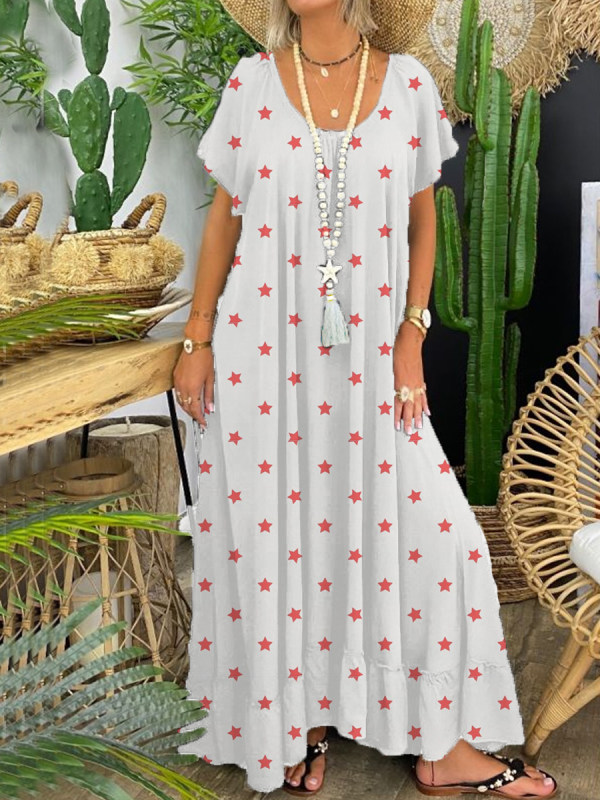 

Casual Star Print Round Neck Maxi Dress