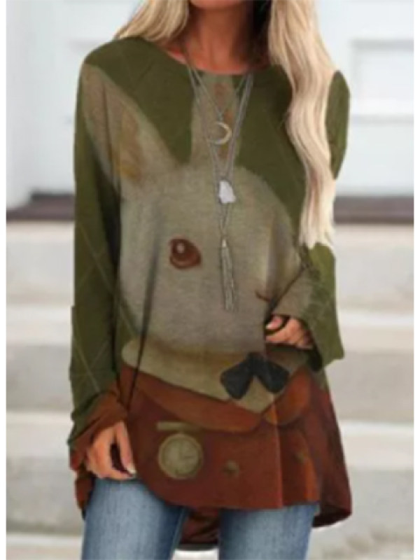 

Round neck rabbit print loose long sleeve T-shirt top