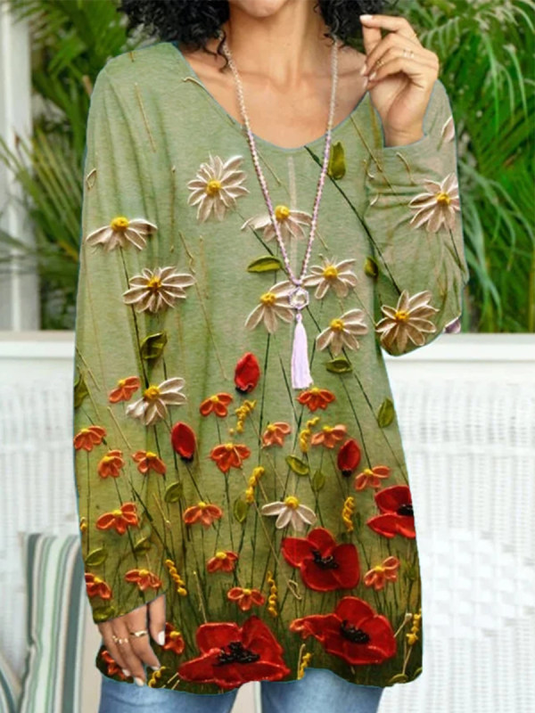 

Floral print v-neck long sleeved t-shirt