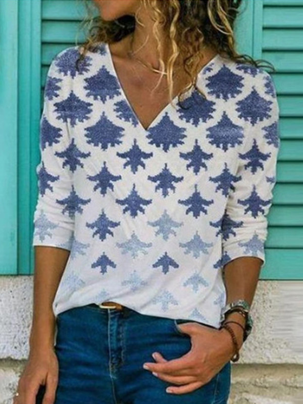 

Fashion Casual V-Neck Long Sleeve Printed T-Shirt