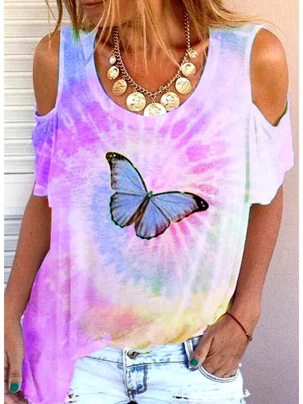 

Colorful strapless butterfly print tie-dye T-shirt