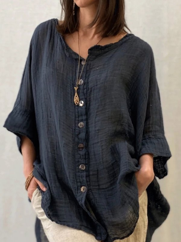 

Solid Color Single-breasted Long-sleeved Round Neck Loose Shirt