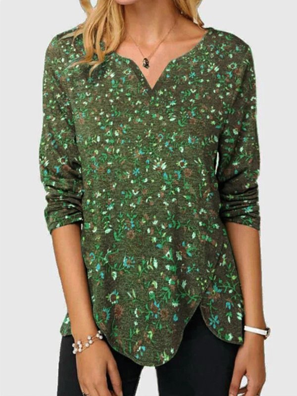 

Floral Print Long Sleeve V-neck T-shirt