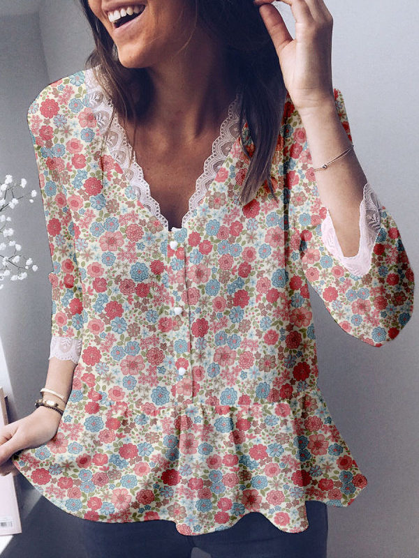 

Floral Print Lace V Neck Blouse