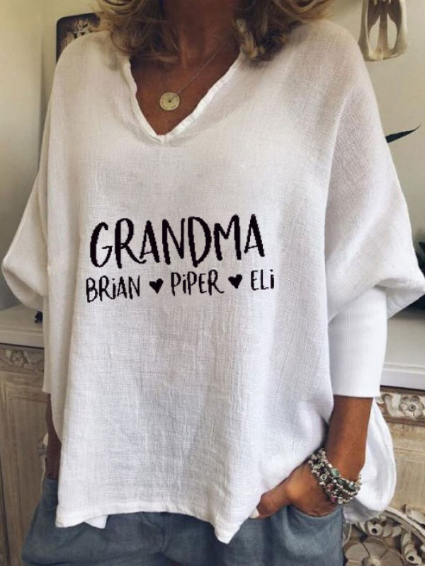 

V-neck Letter Print Loose Long Sleeve T-shirt